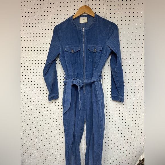 Just Female Harlow Courduroy Blue Jumpsuit with Waist Tie - Picture 2 of 7